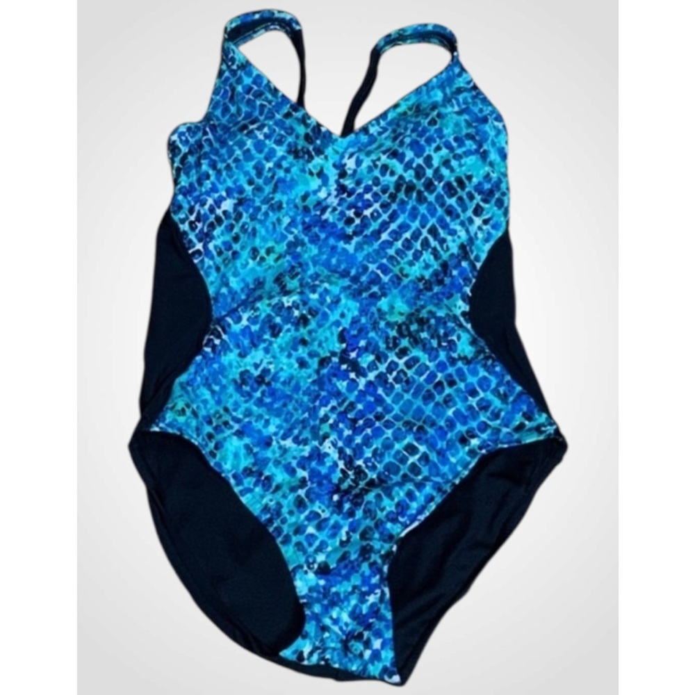 Aqua Green Swimsuit Blue Green & Black High Thigh High Back Shoulder Strap M